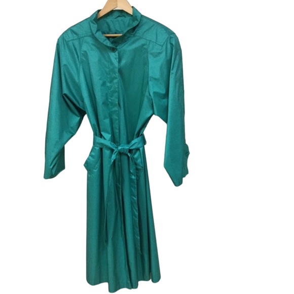vtg JOHN WEITZ Trench Coat Rain Coat sz 14 Long Belted Korea Peacock Teal - Picture 3 of 13